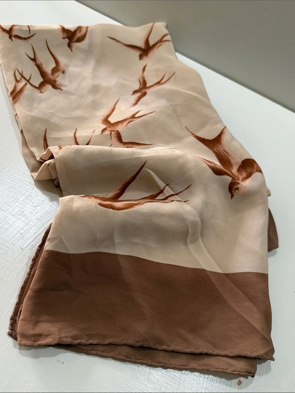 Idk Manila SWALLOWS Silk Brown & Cream Print Silk Scarf 🧣 vintage